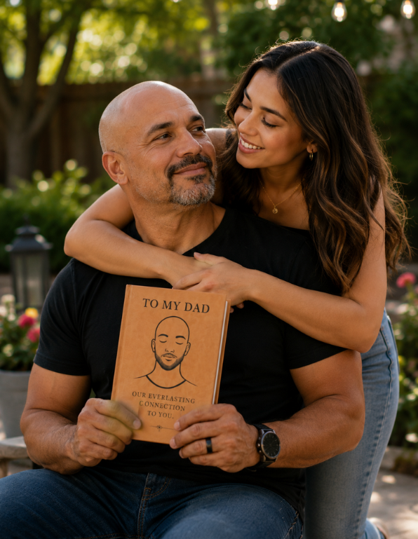 Man holding a book titled 'To My Dad' with a woman embracing him outdoors.
