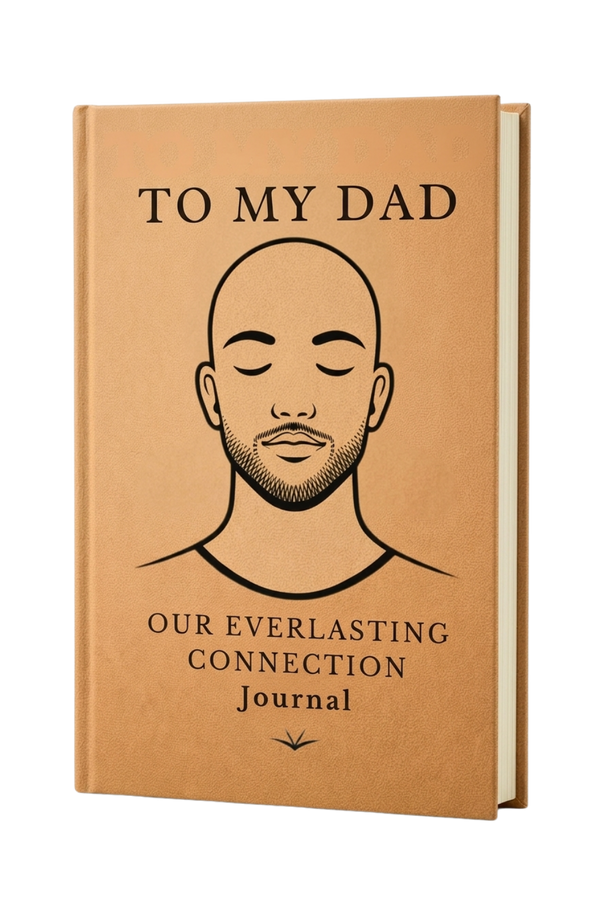 Journal titled 'To My Dad: Our Everlasting Connection' with a face illustration on a white background