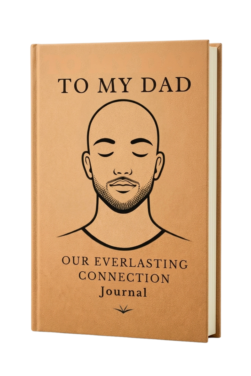 Journal titled 'To My Dad: Our Everlasting Connection' with a face illustration on a white background