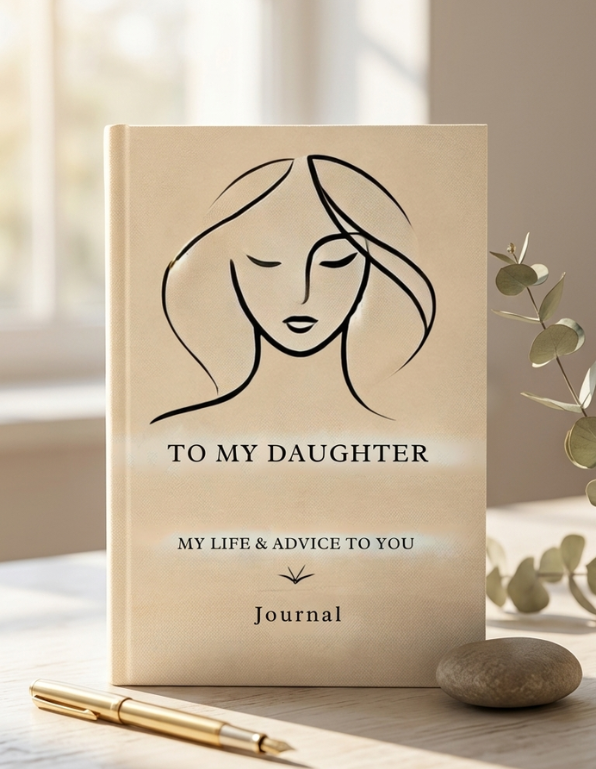 A beige hardcover journal standing upright on a tabletop, printed with a minimalist black line drawing of a woman's face and the text 'TO MY DAUGHTER', 'MY LIFE & ADVICE TO YOU', and 'Journal'. A gold pen lies nearby, with soft natural light and blurred greenery in the background.