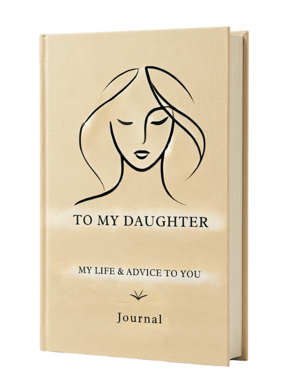 Journal titled 'To My Daughter: My Life & Advice to You' with a woman's face illustration on a beige background.