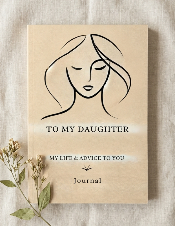 A beige hardcover journal titled 'TO MY DAUGHTER' with a minimalist black line drawing of a woman's face on the cover, styled on a light fabric background with dried flowers.