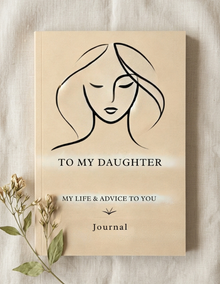 A beige hardcover journal titled 'TO MY DAUGHTER' with a minimalist black line drawing of a woman's face on the cover, styled on a light fabric background with dried flowers.
