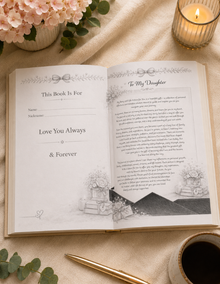 An open personalized book with printed sentimental text and floral illustrations, styled on a beige fabric surface with flowers, a lit candle, a gold pen, and a cup of coffee nearby. To My Daughter Journal inside preview page
