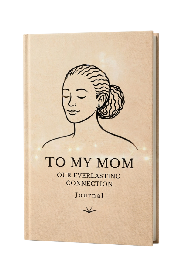 Journal titled 'To My Mom: Our Everlasting Connection' with a woman's face illustration on a beige background.