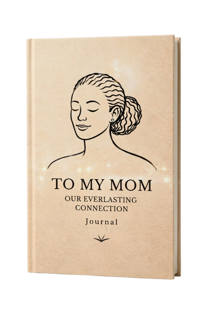 Journal titled 'To My Mom: Our Everlasting Connection' with a woman's face illustration on a beige background.
