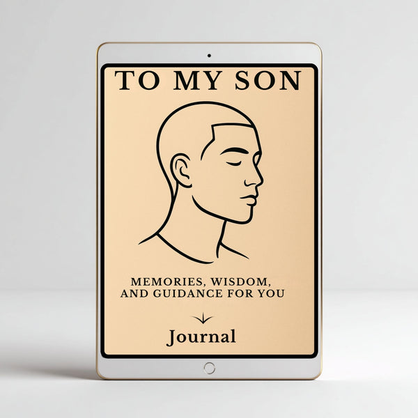 Digital mockup of a journal titled 'To My Son' on a tablet screen with a beige background.
