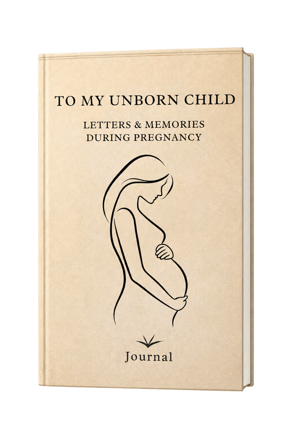 Journal titled 'To My Unborn Child' with a silhouette of a pregnant woman on a beige background
