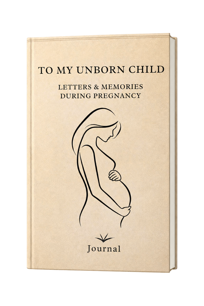 Journal titled 'To My Unborn Child' with a silhouette of a pregnant woman on a beige background