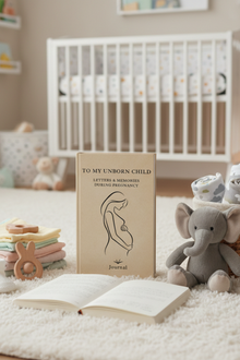 Journal titled 'To My Unborn Child' in a nursery setting with a crib and toys.