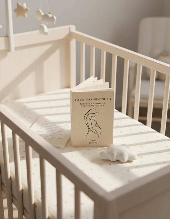 Book titled 'To My Unborn Child' on a baby crib with soft lighting