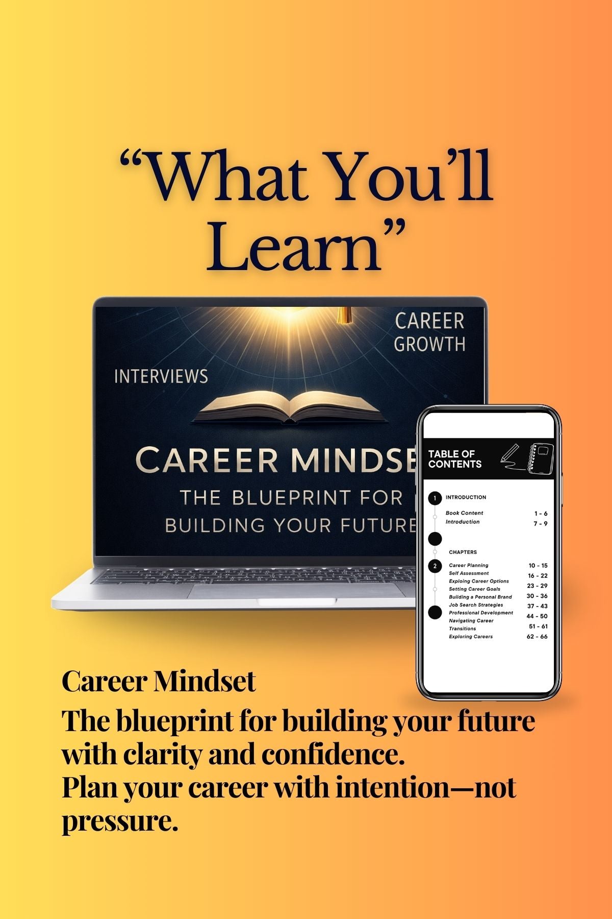 Promotional graphic for 'Career Mindset' with laptop, smartphone, and text on an orange background