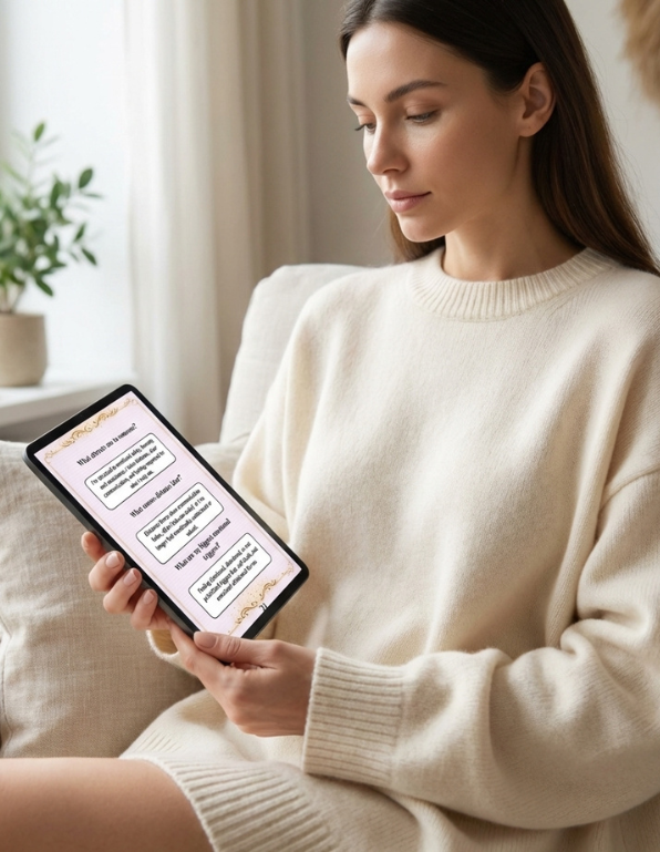 Woman in a beige sweater holding a tablet with text on it, sitting on a couch.