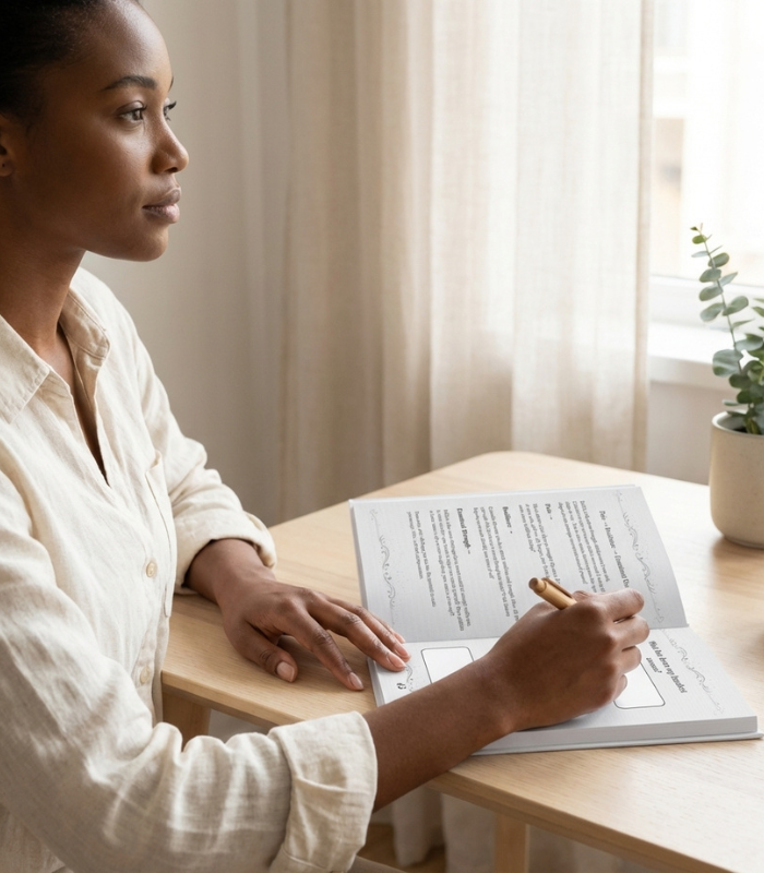 Woman sitting at a desk with a document in front of her, holding a pen.
